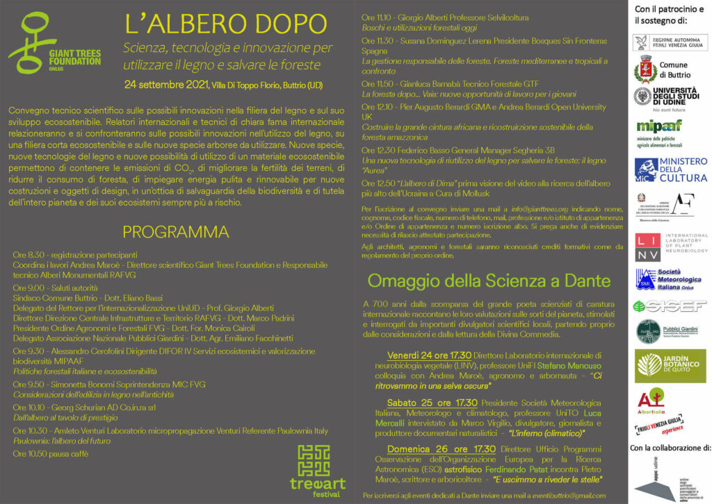 Venerdì 24 settembre saremo ospiti al convegno internazionale sulle possibili innovazione nella filiera del legno e sul suo sviluppo ecosostenibile che si terrà all'interno della Villa Di Toppo Florio di Buttrio e della manifestazione TreeArt Festival 2021 (dal 23 al 26 settembre).
Relatori internazionali e tecnici di chiara fama relazioneranno e si confronteranno sulle possibili innovazioni nell'utilizzo del legno, su una filiera corta ecosostenibile e sulle nuove specie arboree da utilizzare.